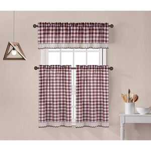 Decotex 3 Piece Buffalo Check Plaid Gingham Crochet Lace Trimmed Kitchen Window